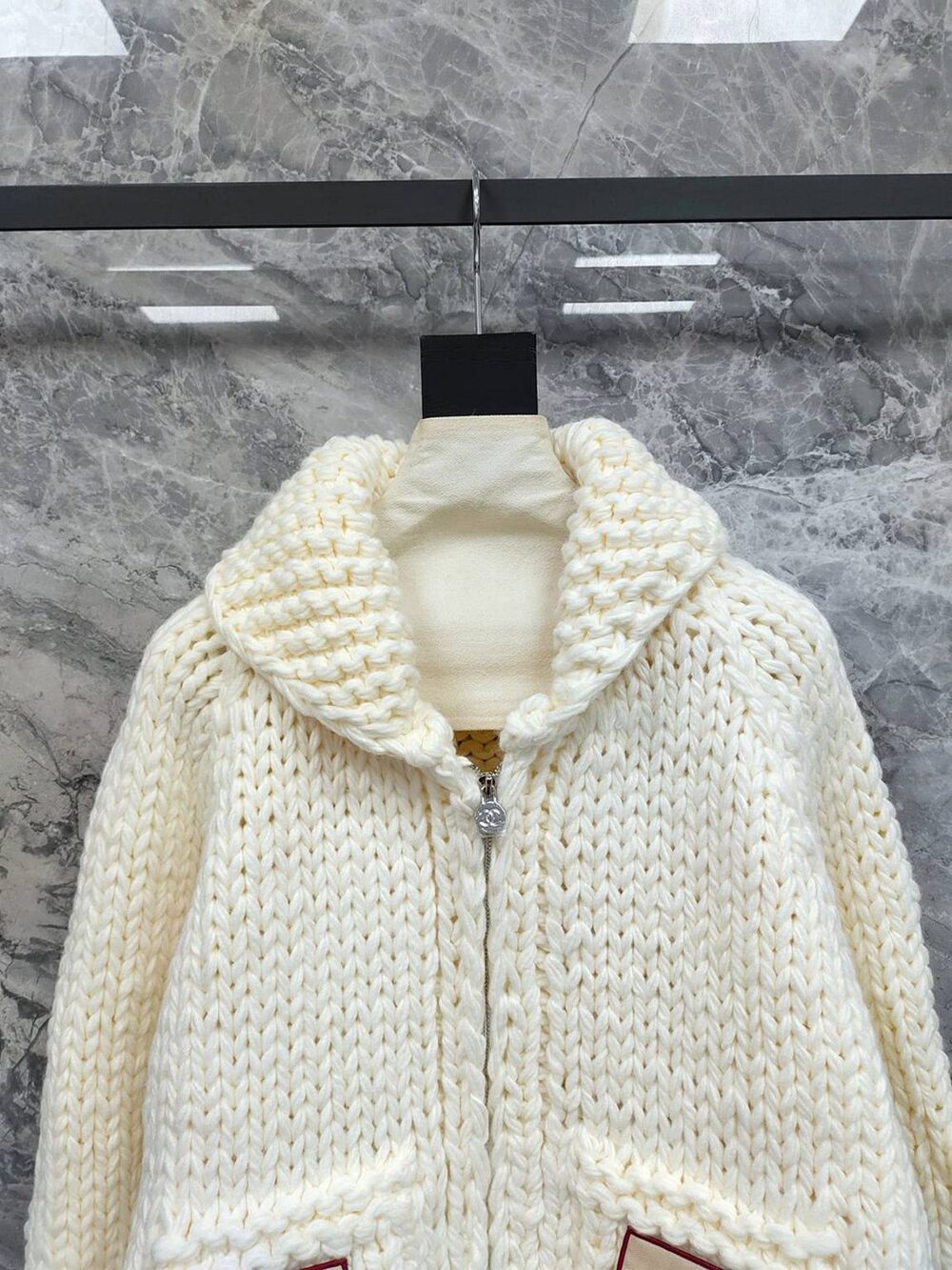 Chanel Cream Chunky Knit Zip‑Up Shawl Collar Cardigan Jacket - Picture 2 of 9